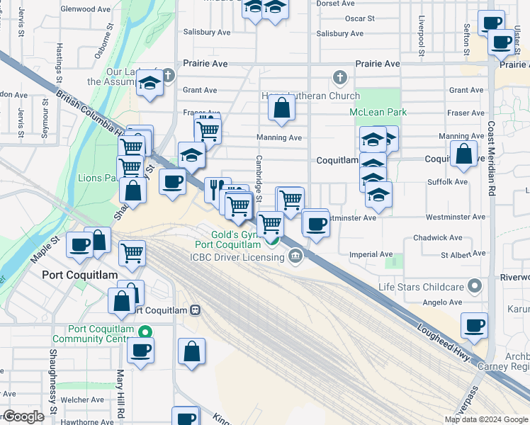 map of restaurants, bars, coffee shops, grocery stores, and more near 1990 Westminster Avenue in Port Coquitlam