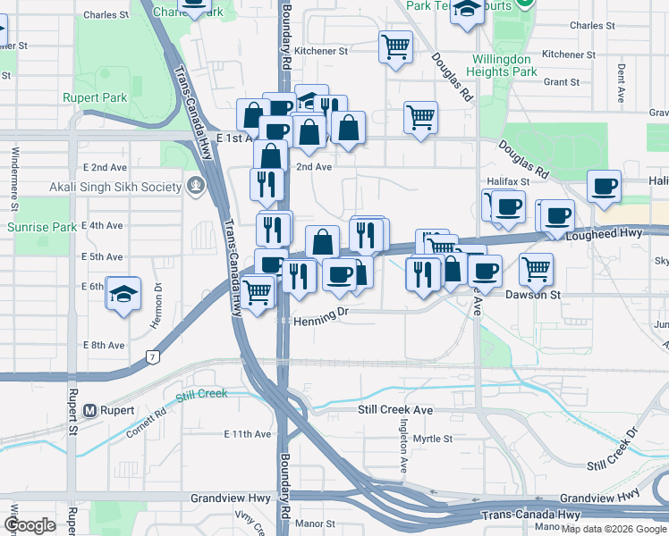 map of restaurants, bars, coffee shops, grocery stores, and more near 3833 Henning Drive in Burnaby