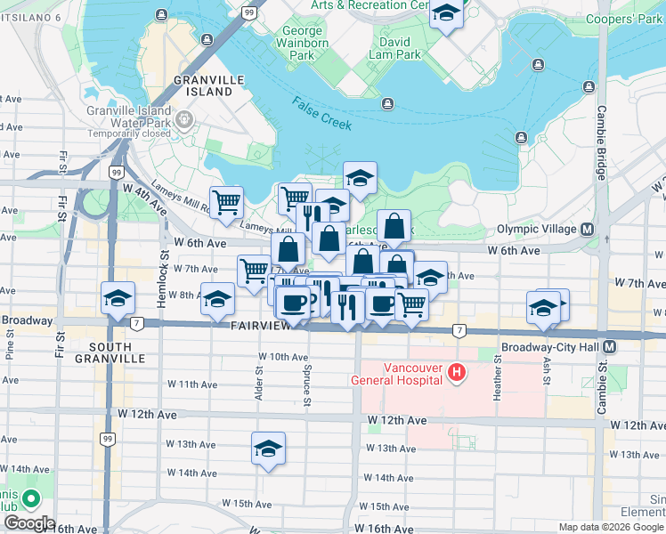 map of restaurants, bars, coffee shops, grocery stores, and more near 1049 West 7th Avenue in Vancouver