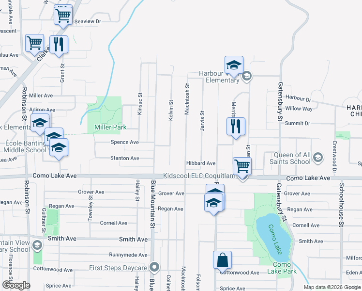 map of restaurants, bars, coffee shops, grocery stores, and more near 836 Macintosh Street in Coquitlam