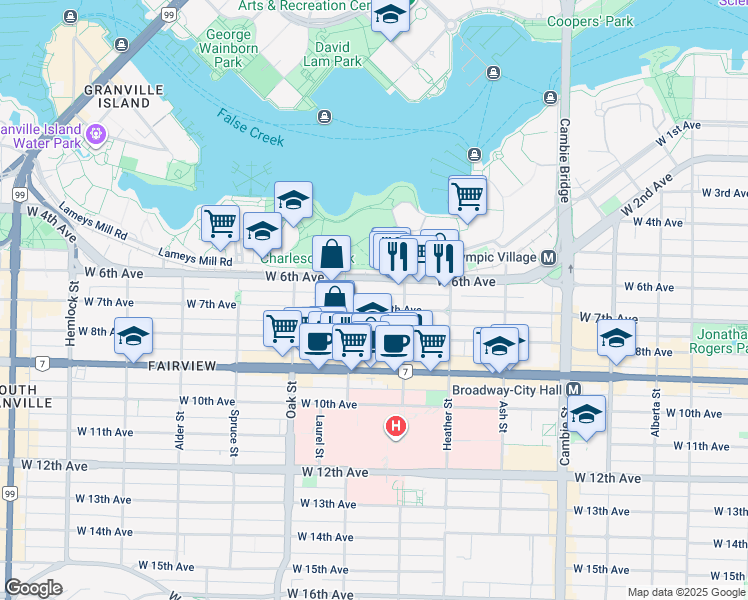 map of restaurants, bars, coffee shops, grocery stores, and more near 877 West 7th Avenue in Vancouver