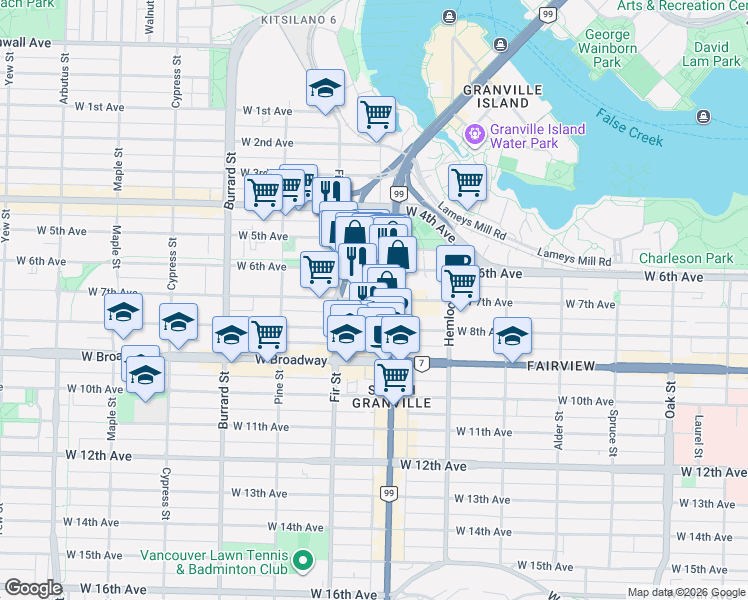 map of restaurants, bars, coffee shops, grocery stores, and more near 1526 West 6th Avenue in Vancouver