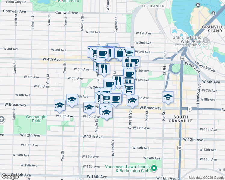 map of restaurants, bars, coffee shops, grocery stores, and more near 2305 Cypress Street in Vancouver