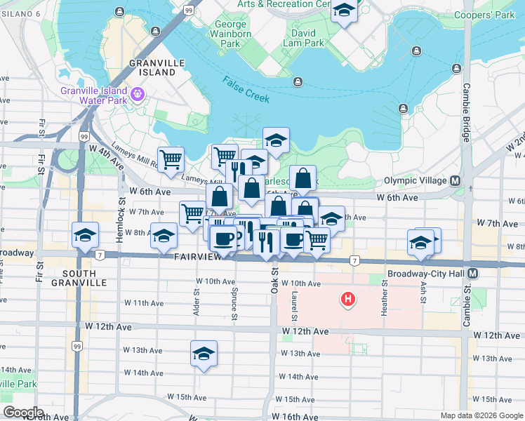 map of restaurants, bars, coffee shops, grocery stores, and more near 1035 West 7th Avenue in Vancouver