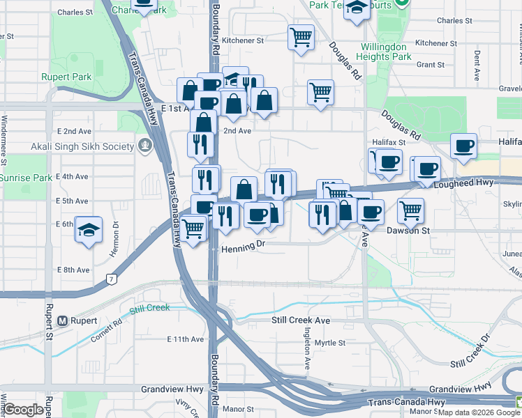 map of restaurants, bars, coffee shops, grocery stores, and more near 3823 Henning Drive in Burnaby