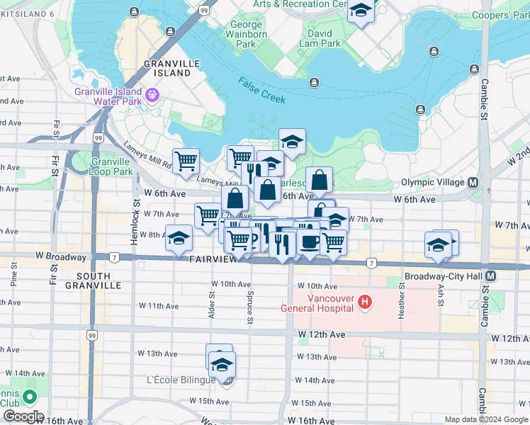 map of restaurants, bars, coffee shops, grocery stores, and more near 1071 West 7th Avenue in Vancouver