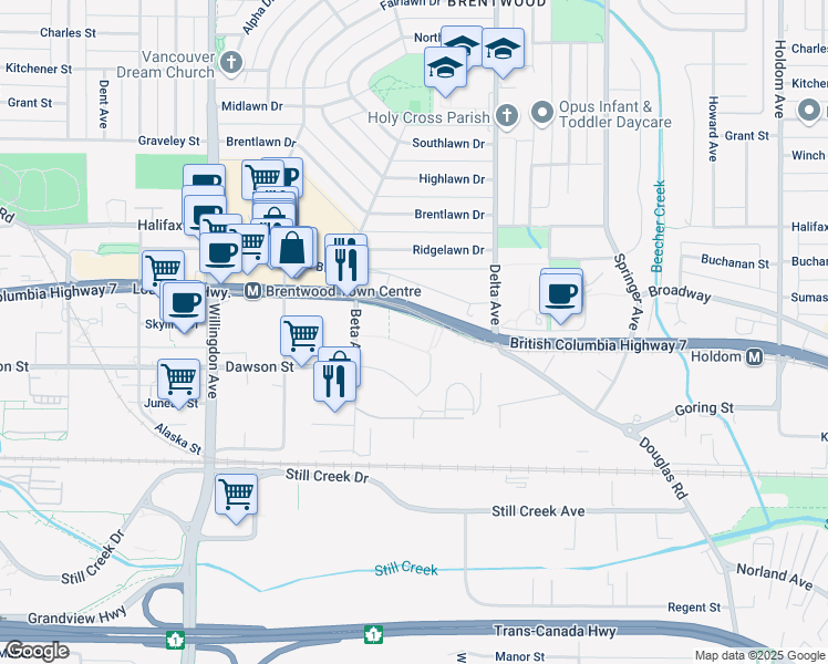map of restaurants, bars, coffee shops, grocery stores, and more near 4785 Lougheed Highway in Burnaby