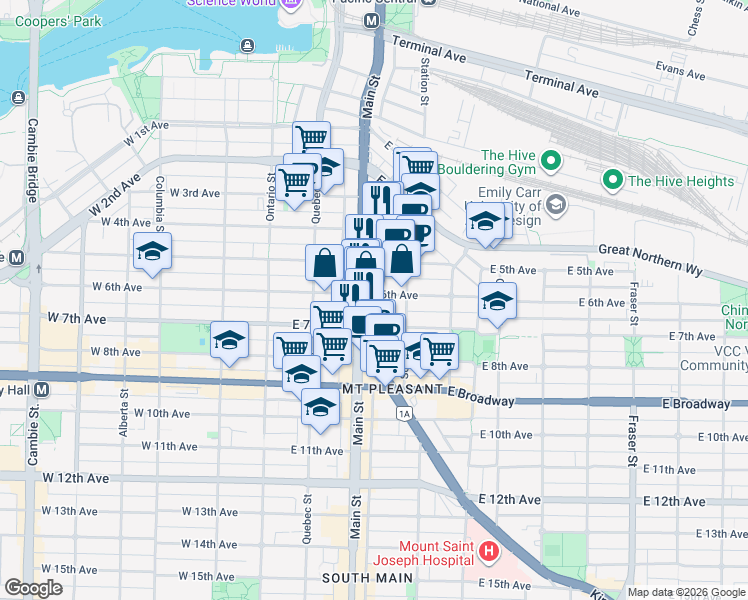 map of restaurants, bars, coffee shops, grocery stores, and more near 210 East 6th Avenue in Vancouver