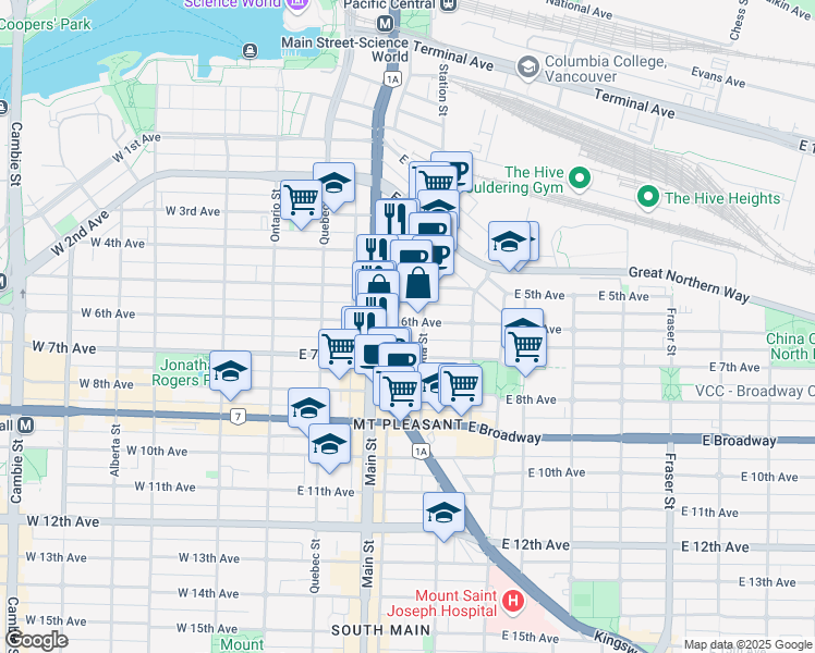 map of restaurants, bars, coffee shops, grocery stores, and more near 268 East 6th Avenue in Vancouver