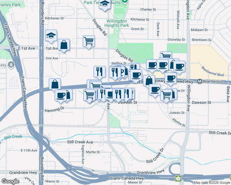 map of restaurants, bars, coffee shops, grocery stores, and more near 2108 Gilmore Avenue in Burnaby