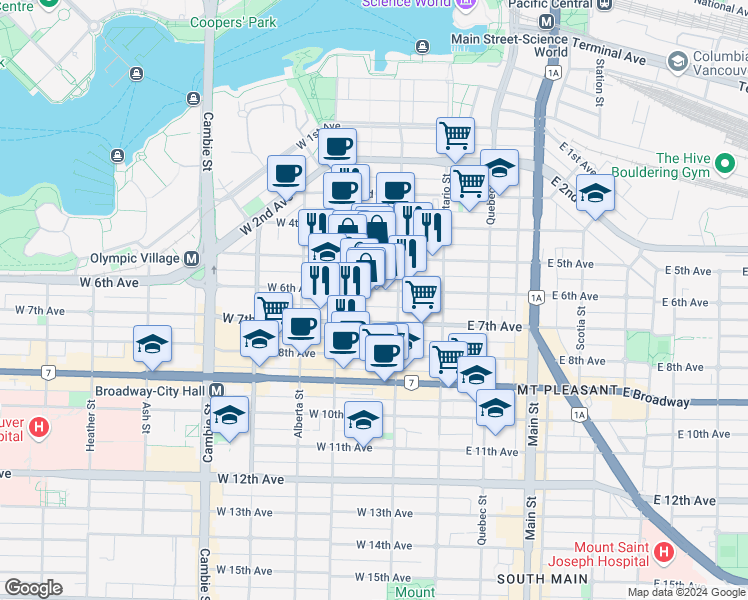map of restaurants, bars, coffee shops, grocery stores, and more near 128 West 6th Avenue in Vancouver