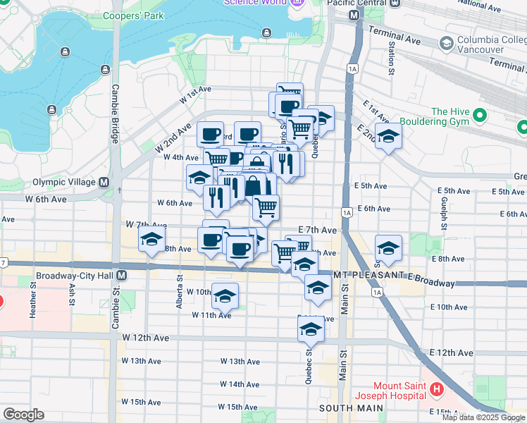 map of restaurants, bars, coffee shops, grocery stores, and more near in Vancouver