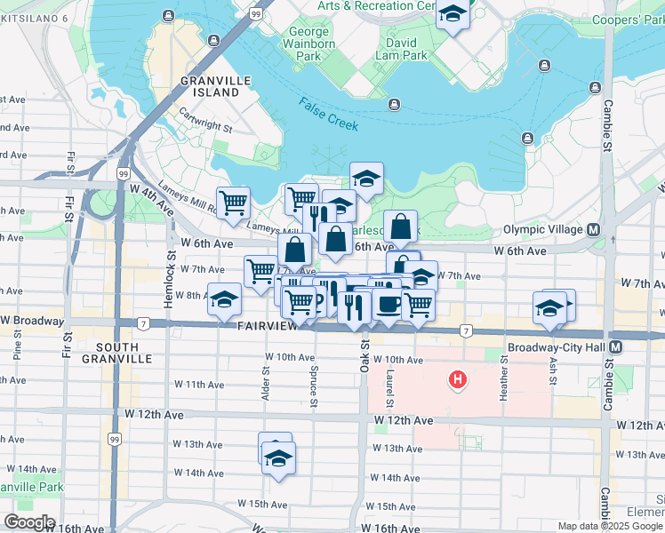 map of restaurants, bars, coffee shops, grocery stores, and more near 1071 West 7th Avenue in Vancouver