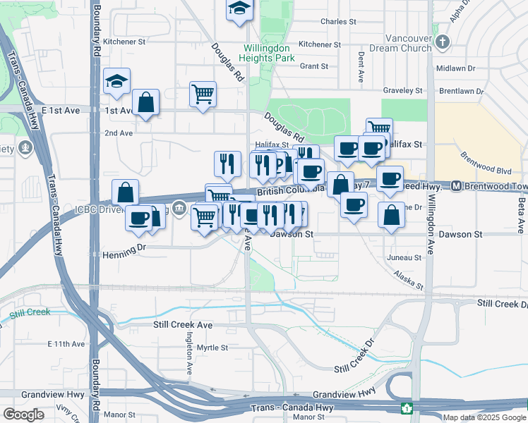 map of restaurants, bars, coffee shops, grocery stores, and more near 2108 Gilmore Avenue in Burnaby