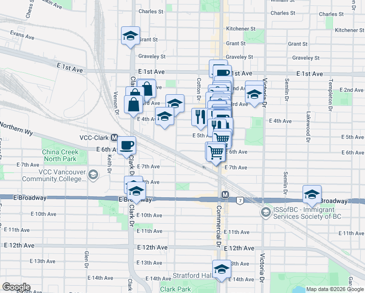 map of restaurants, bars, coffee shops, grocery stores, and more near 1529 East 6th Avenue in Vancouver