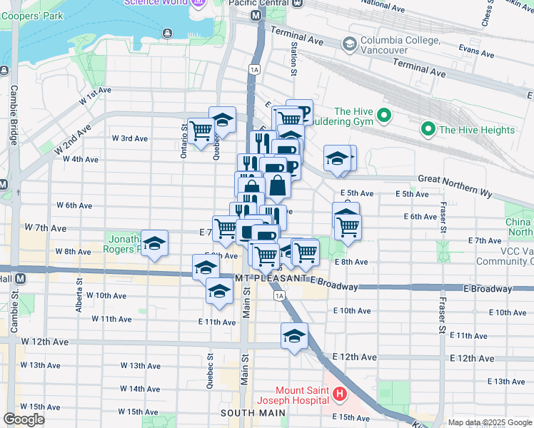 map of restaurants, bars, coffee shops, grocery stores, and more near 250 East 6th Avenue in Vancouver