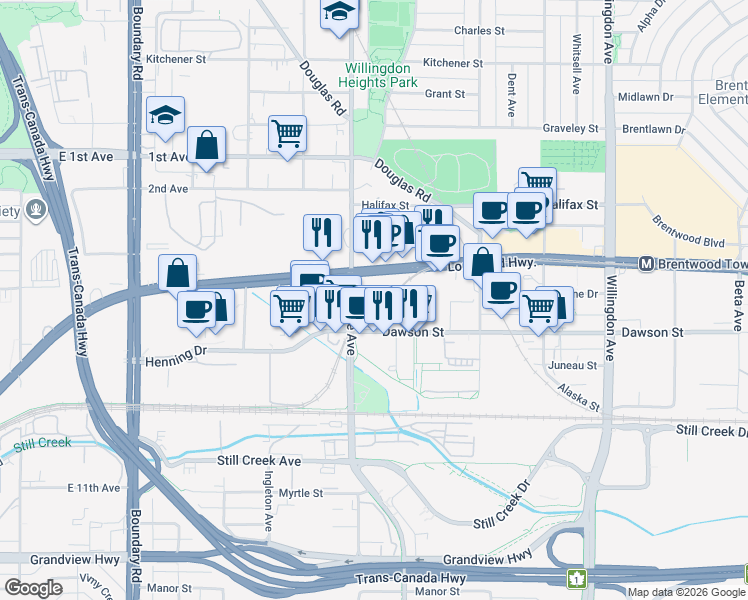 map of restaurants, bars, coffee shops, grocery stores, and more near 2108 Gilmore Avenue in Burnaby
