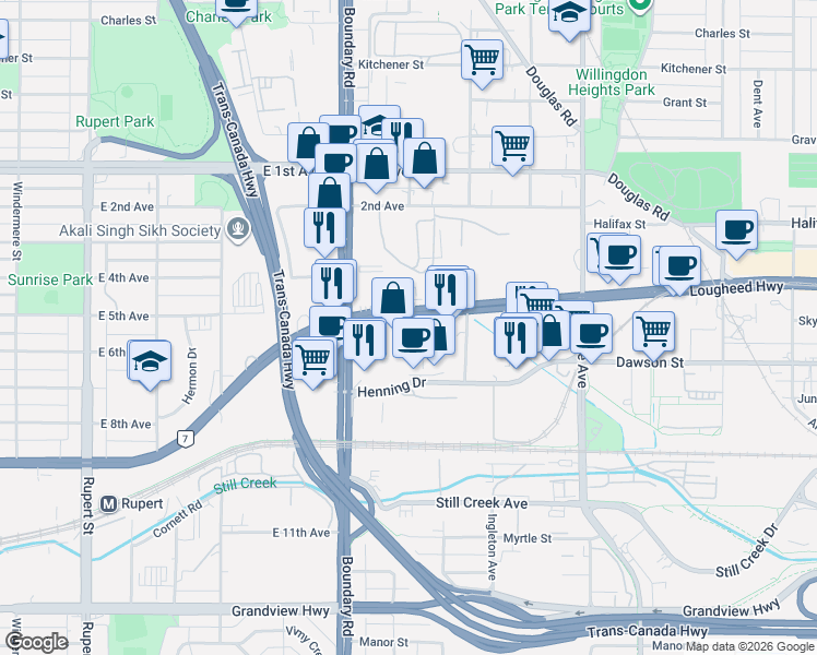 map of restaurants, bars, coffee shops, grocery stores, and more near 3823 Henning Drive in Burnaby