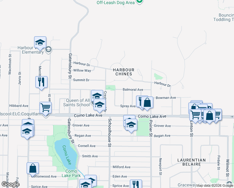 map of restaurants, bars, coffee shops, grocery stores, and more near 907 Crestwood Drive in Coquitlam