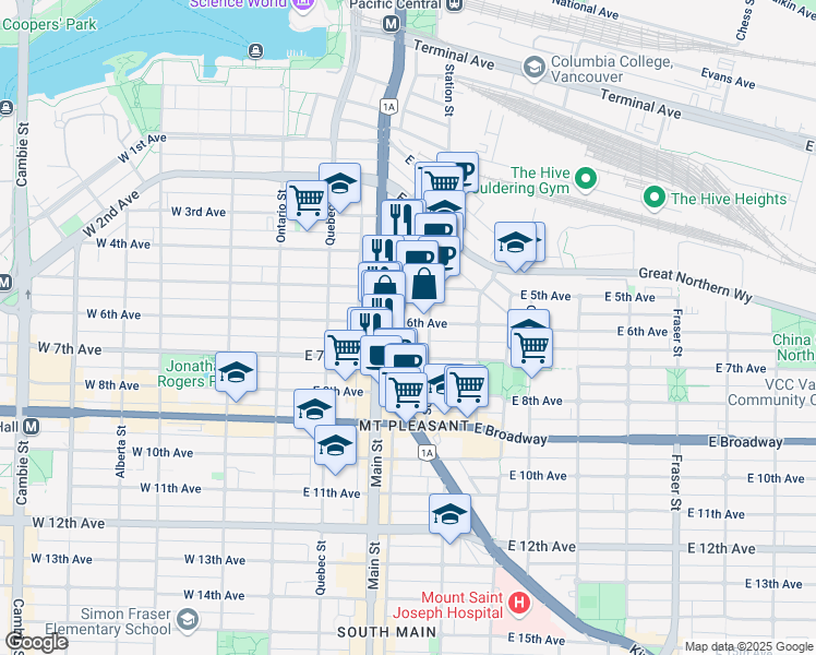 map of restaurants, bars, coffee shops, grocery stores, and more near 250 East 6th Avenue in Vancouver