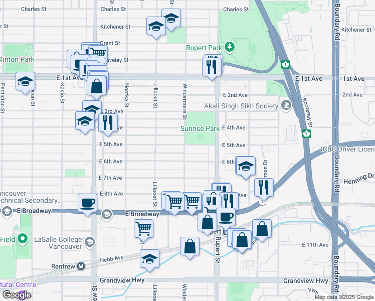 map of restaurants, bars, coffee shops, grocery stores, and more near 3206 East 5th Avenue in Vancouver