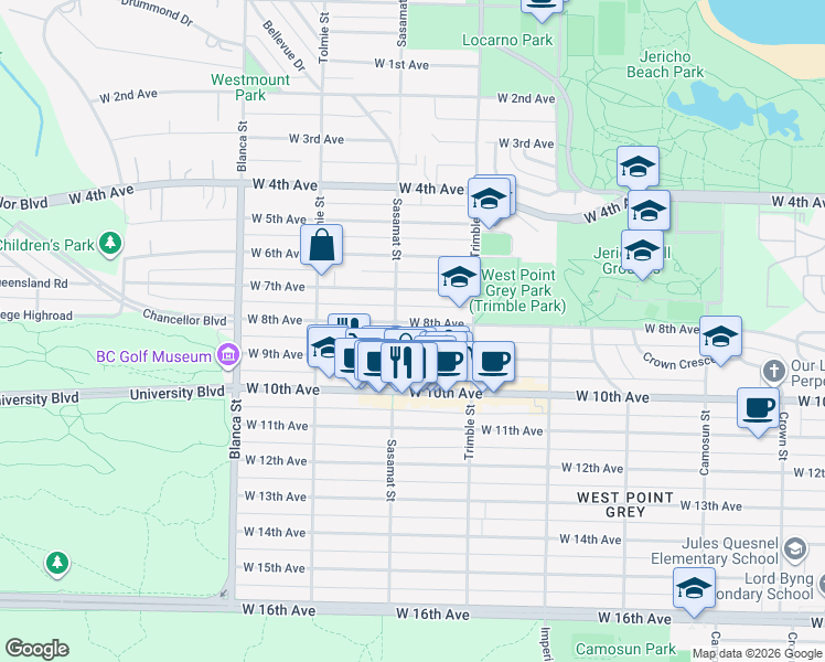 map of restaurants, bars, coffee shops, grocery stores, and more near 4466 West 8th Avenue in Vancouver