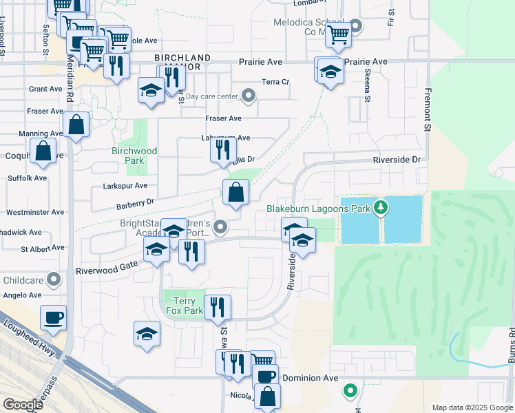 map of restaurants, bars, coffee shops, grocery stores, and more near 1074 Amazon Drive in Port Coquitlam