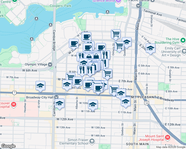 map of restaurants, bars, coffee shops, grocery stores, and more near 138 West 6th Avenue in Vancouver