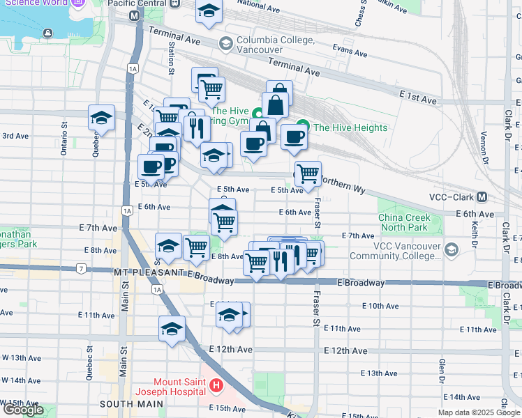 map of restaurants, bars, coffee shops, grocery stores, and more near 204 East 6th Avenue in Vancouver
