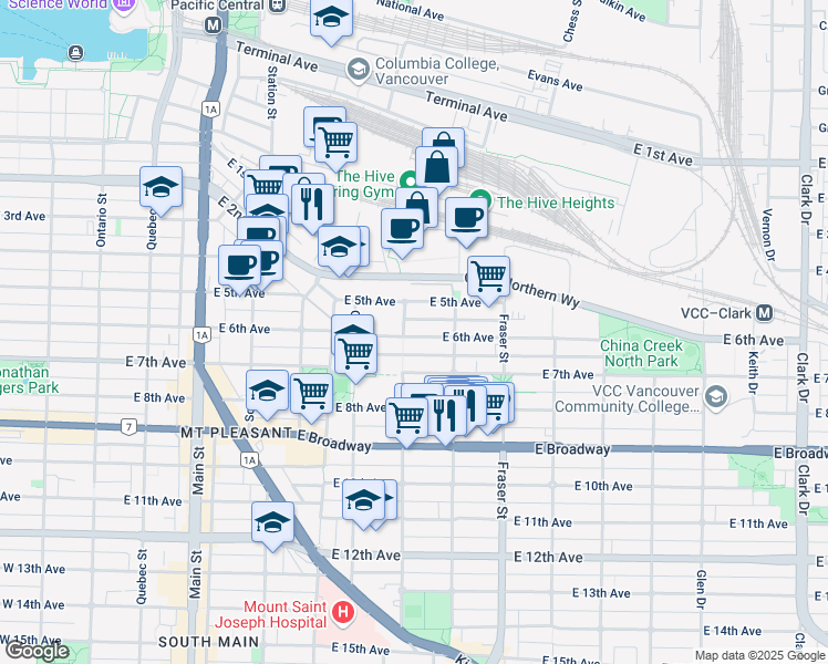 map of restaurants, bars, coffee shops, grocery stores, and more near 498 East 5th Avenue in Vancouver