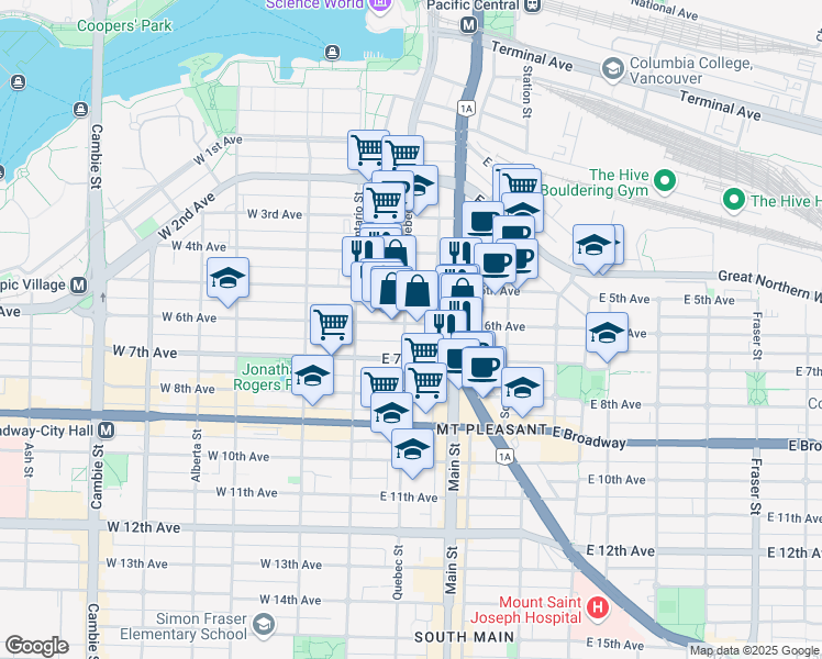 map of restaurants, bars, coffee shops, grocery stores, and more near in Vancouver