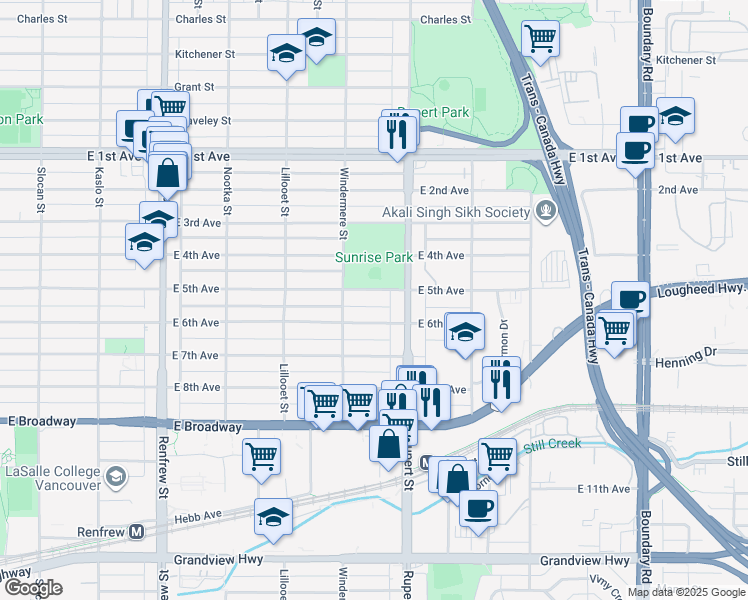 map of restaurants, bars, coffee shops, grocery stores, and more near 3254 East 5th Avenue in Vancouver