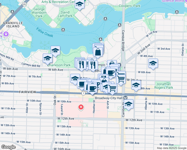 map of restaurants, bars, coffee shops, grocery stores, and more near 2245 Heather Street in Vancouver