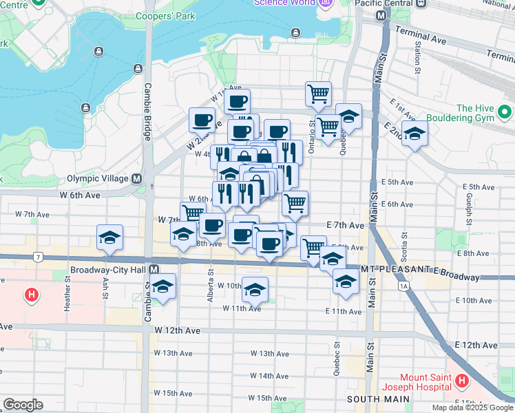 map of restaurants, bars, coffee shops, grocery stores, and more near 165 West 6th Avenue in Vancouver