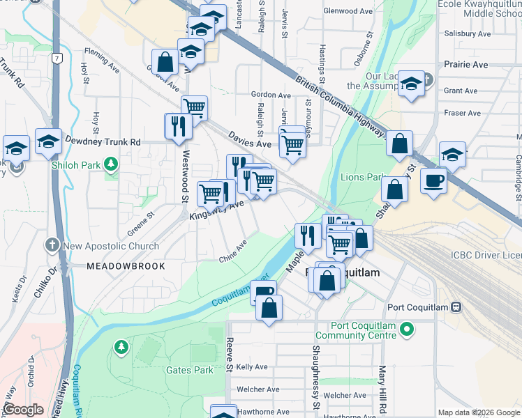 map of restaurants, bars, coffee shops, grocery stores, and more near 2678 Dixon Street in Port Coquitlam