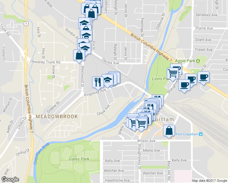 map of restaurants, bars, coffee shops, grocery stores, and more near 2727 Dixon Street in Port Coquitlam