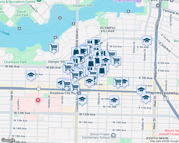 map of restaurants, bars, coffee shops, grocery stores, and more near 2238 Yukon Street in Vancouver