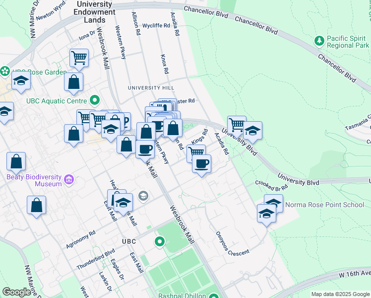 map of restaurants, bars, coffee shops, grocery stores, and more near Dalhousie Road in University Endowment Lands