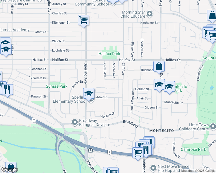 map of restaurants, bars, coffee shops, grocery stores, and more near 6815 Yeovil Place in Burnaby