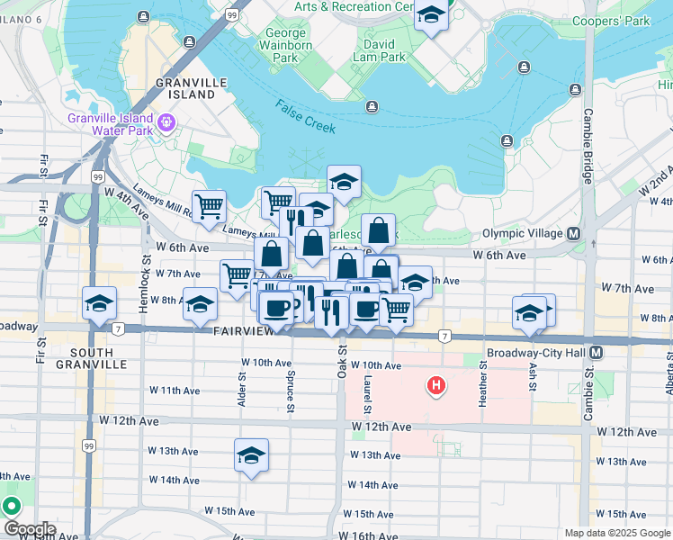 map of restaurants, bars, coffee shops, grocery stores, and more near 1005 West 7th Avenue in Vancouver
