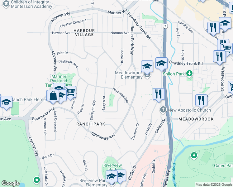map of restaurants, bars, coffee shops, grocery stores, and more near 3054 Daybreak Avenue in Coquitlam