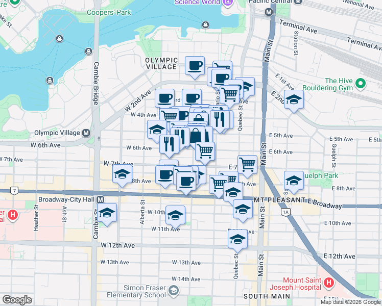 map of restaurants, bars, coffee shops, grocery stores, and more near 2211 Manitoba Street in Vancouver