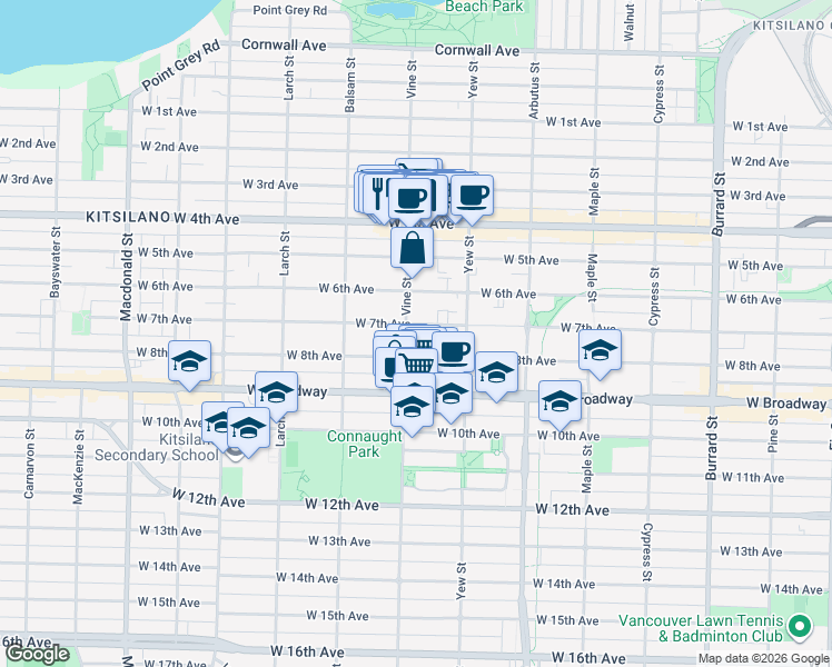 map of restaurants, bars, coffee shops, grocery stores, and more near 2282 West 7th Avenue in Vancouver