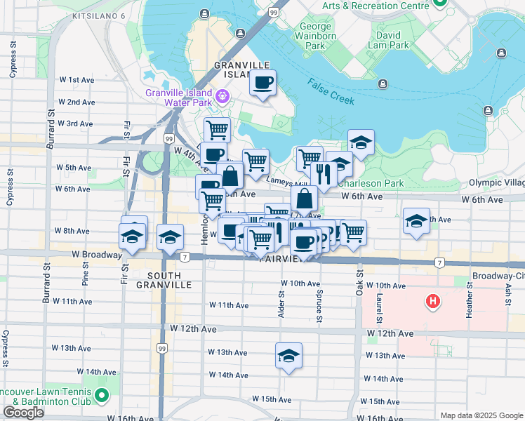 map of restaurants, bars, coffee shops, grocery stores, and more near 1251 West 7th Avenue in Vancouver