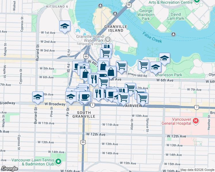 map of restaurants, bars, coffee shops, grocery stores, and more near 1355 West 7th Avenue in Vancouver