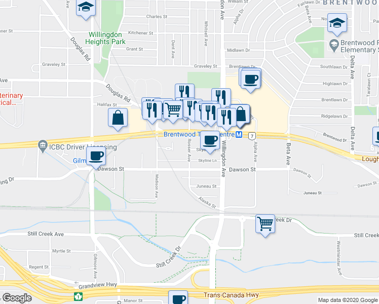 map of restaurants, bars, coffee shops, grocery stores, and more near 2204 Rosser Avenue in Burnaby