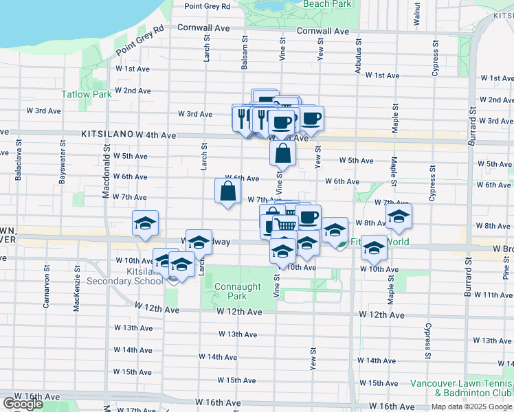 map of restaurants, bars, coffee shops, grocery stores, and more near 2352 West 7th Avenue in Vancouver