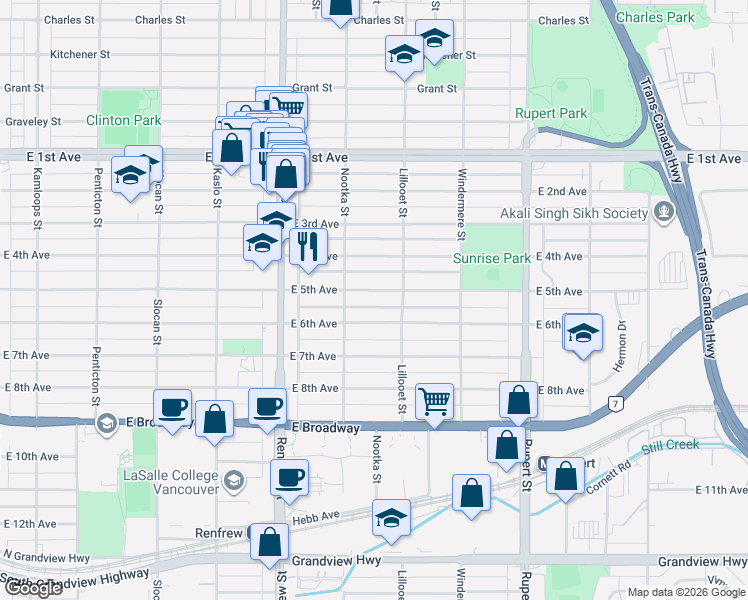 map of restaurants, bars, coffee shops, grocery stores, and more near 3054 East 5th Avenue in Vancouver