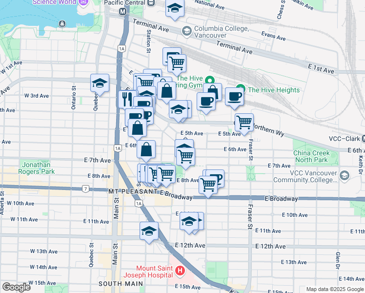 map of restaurants, bars, coffee shops, grocery stores, and more near 2175 Guelph Street in Vancouver