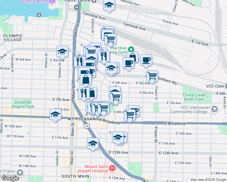 map of restaurants, bars, coffee shops, grocery stores, and more near 419 East 6th Avenue in Vancouver
